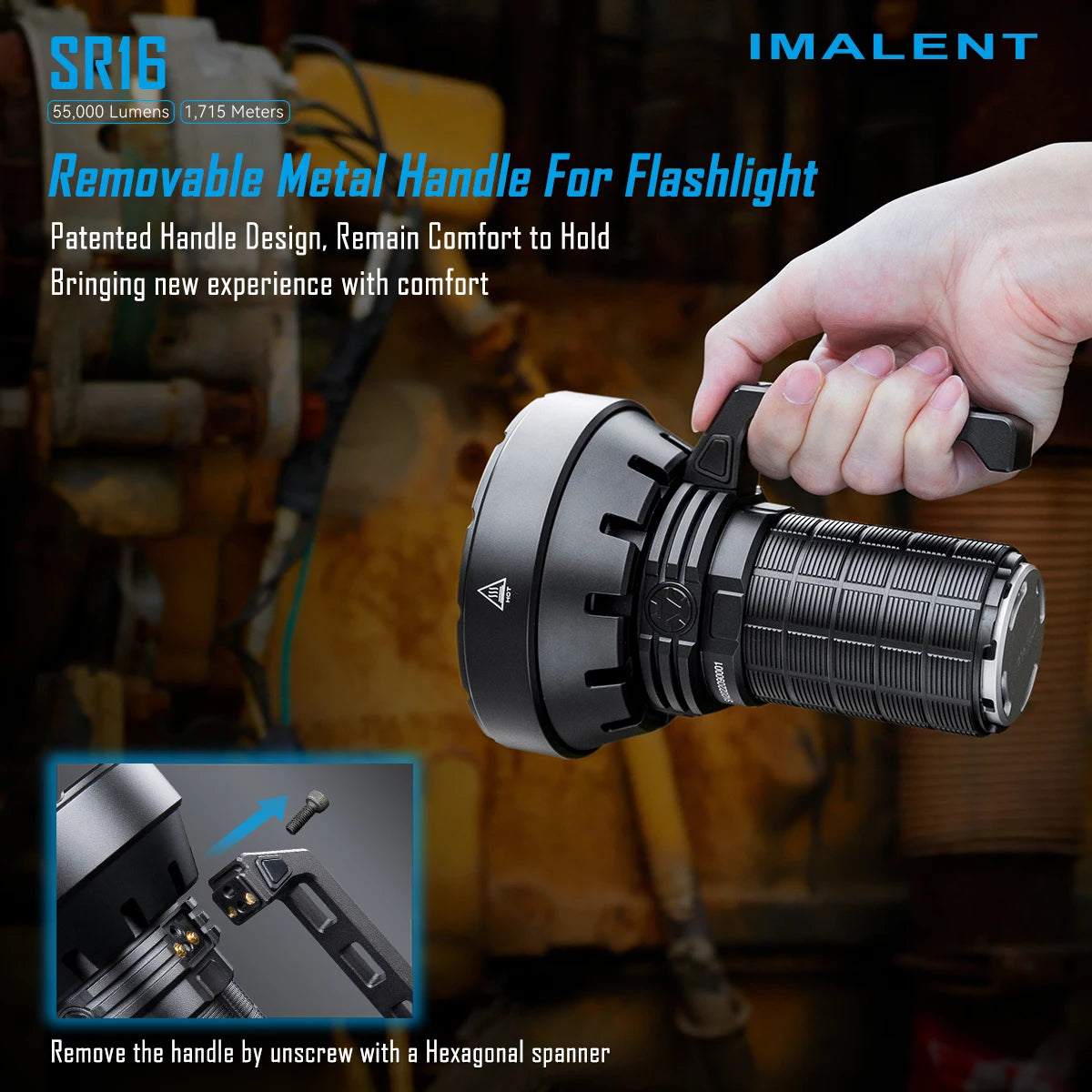 Linterna táctica IMALENT SR16 con 55000 lúmenes de brillo súper brillante, LED CREE XHP50.3 HI, linterna recargable para defensa, largo alcance de hasta 1715 metros, con mango adecuado para caza, búsqueda y emergencias