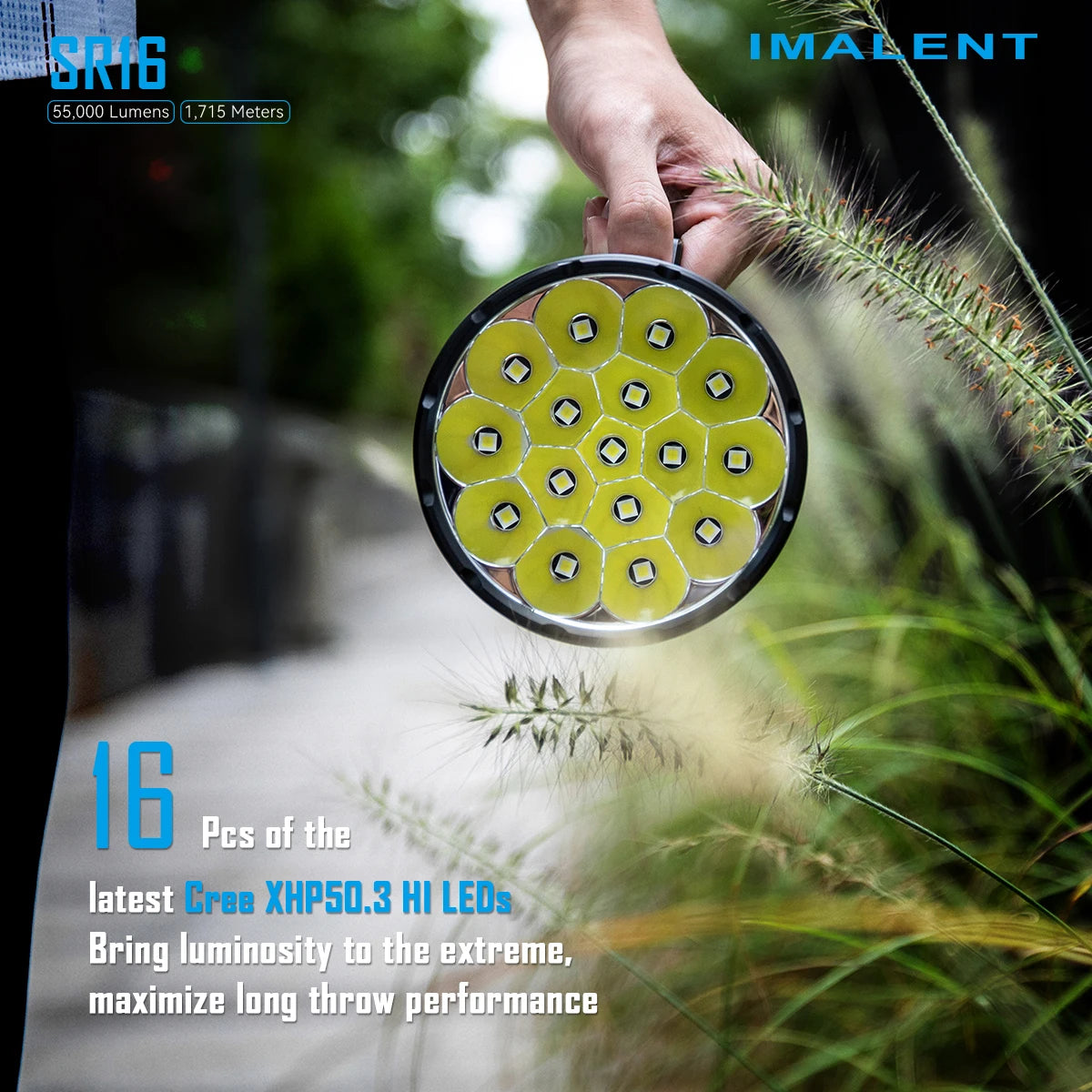 Linterna táctica IMALENT SR16 con 55000 lúmenes de brillo súper brillante, LED CREE XHP50.3 HI, linterna recargable para defensa, largo alcance de hasta 1715 metros, con mango adecuado para caza, búsqueda y emergencias