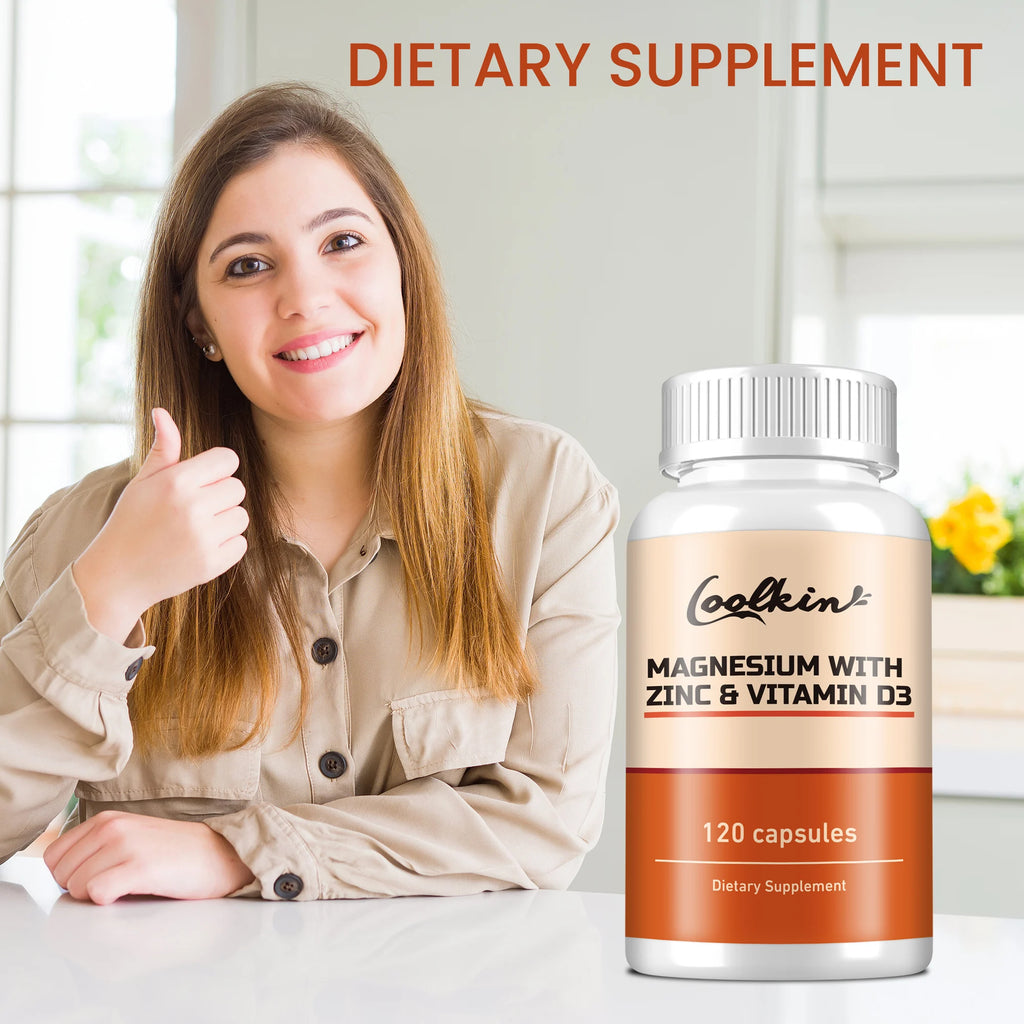 Magnesio con Zinc y vitamina D3 para dormir, hueso, corazón, soporte inmunológico, alivia el estrés y mejora el estado de ánimo, 120 cápsulas