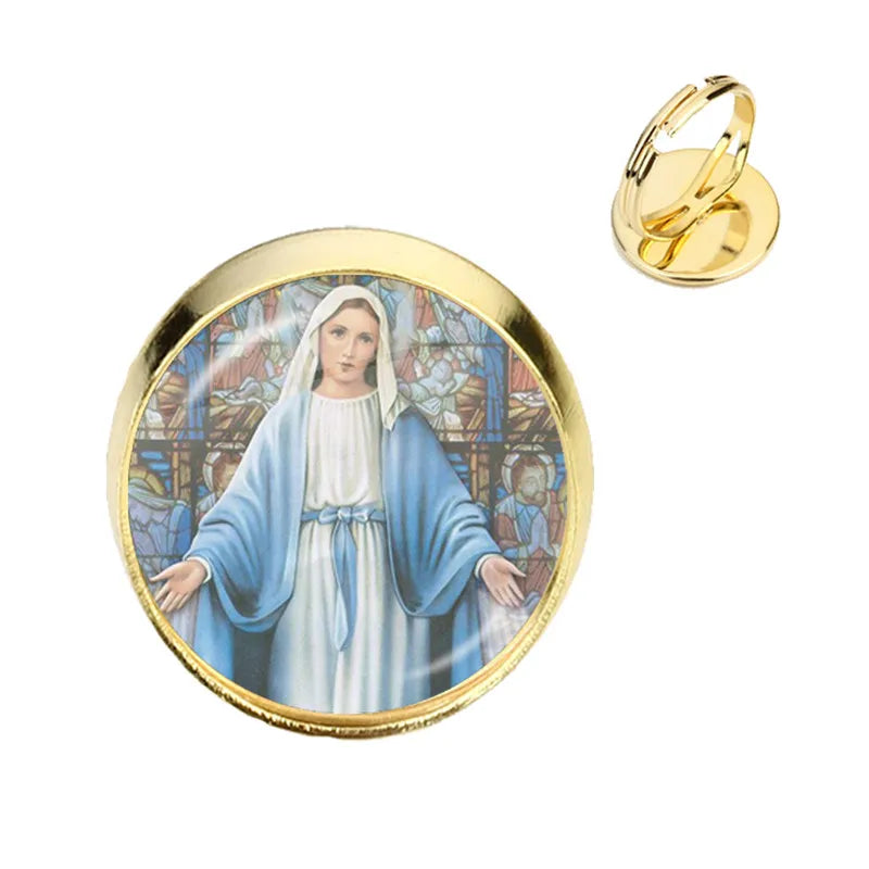 Anillo de la Virgen María, madre del bebé, Jesús, cúpula de cristal, Gema del tiempo, anillos ajustables para hombres y mujeres, joyería católica, regalo Cristiano