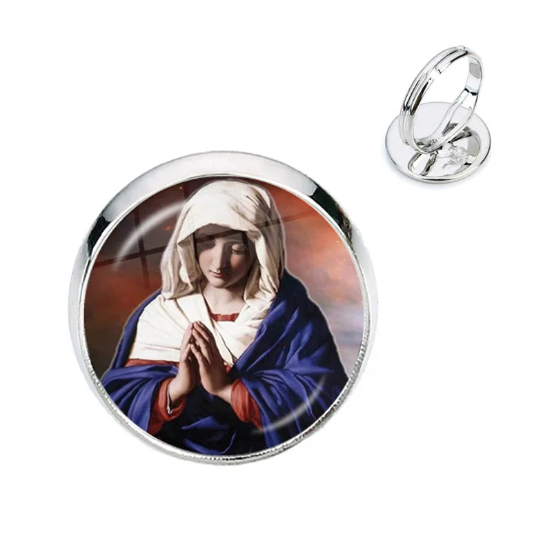 Anillo de la Virgen María, madre del bebé, Jesús, cúpula de cristal, Gema del tiempo, anillos ajustables para hombres y mujeres, joyería católica, regalo Cristiano