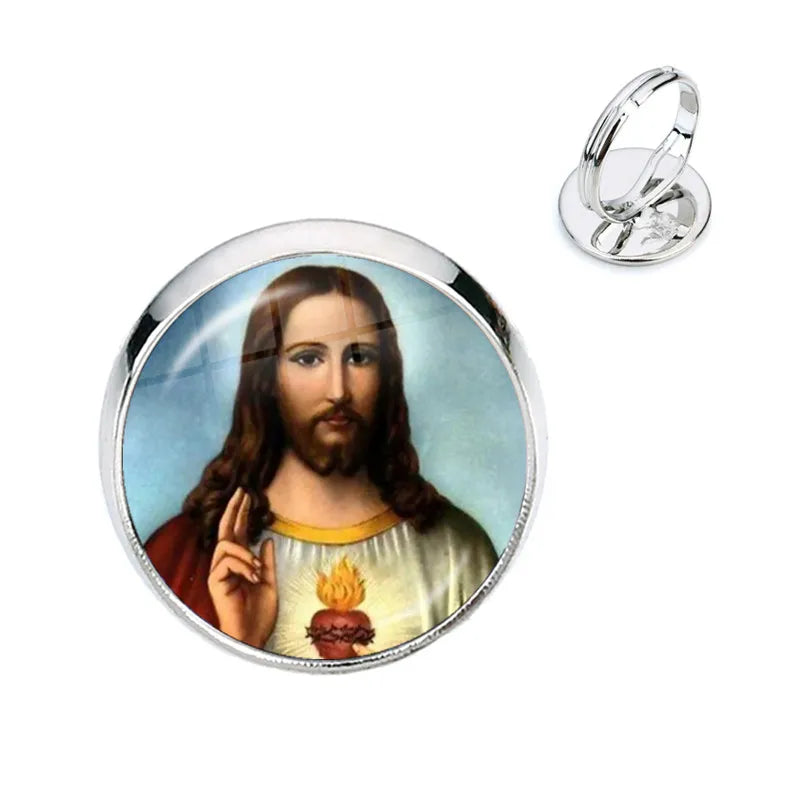 Anillo de la Virgen María, madre del bebé, Jesús, cúpula de cristal, Gema del tiempo, anillos ajustables para hombres y mujeres, joyería católica, regalo Cristiano