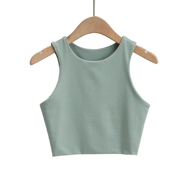 Camisetas ajustadas sexis para mujer, camisetas sin mangas con cuello redondo y doble nailon para mujer, camisetas sin mangas de buena calidad en 6 colores 2023