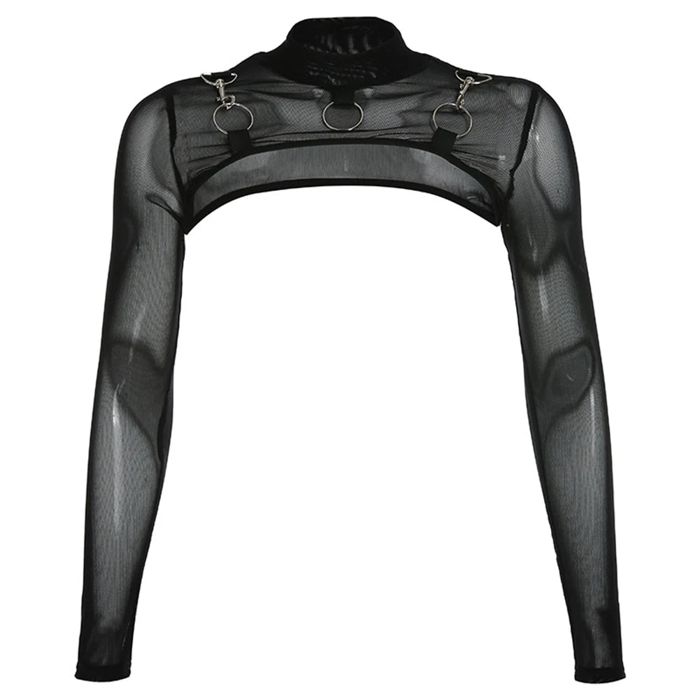 Camisetas transparentes de malla para mujer, Tops cortos de manga larga con cuello redondo, transparentes, Sexy, para fiesta y Club, color negro, Verano