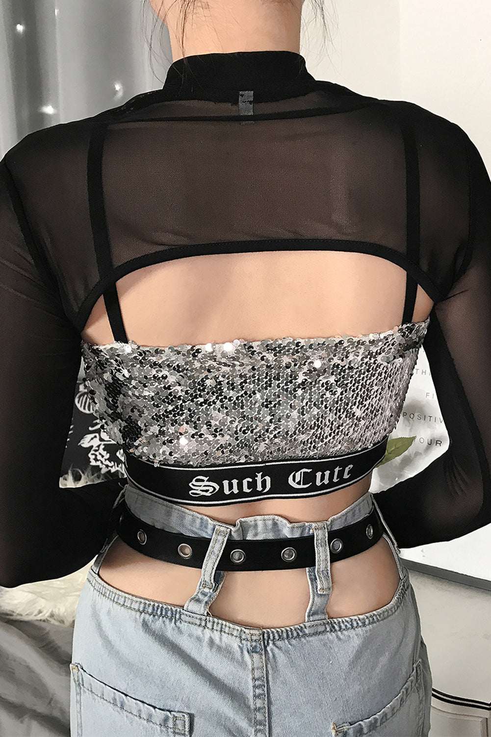 Camisetas transparentes de malla para mujer, Tops cortos de manga larga con cuello redondo, transparentes, Sexy, para fiesta y Club, color negro, Verano