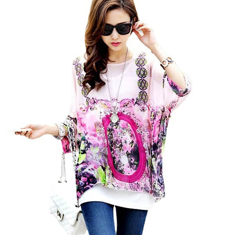 Novedad 2015 de mini vestidos casuales de gasa con estampado de flores para señoras, vestidos estilo bohemio con manga de murciélago en tallas grandes 4XL 5XL 6XL
