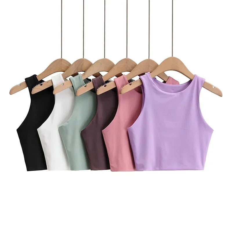 Camisetas ajustadas sexis para mujer, camisetas sin mangas con cuello redondo y doble nailon para mujer, camisetas sin mangas de buena calidad en 6 colores 2023