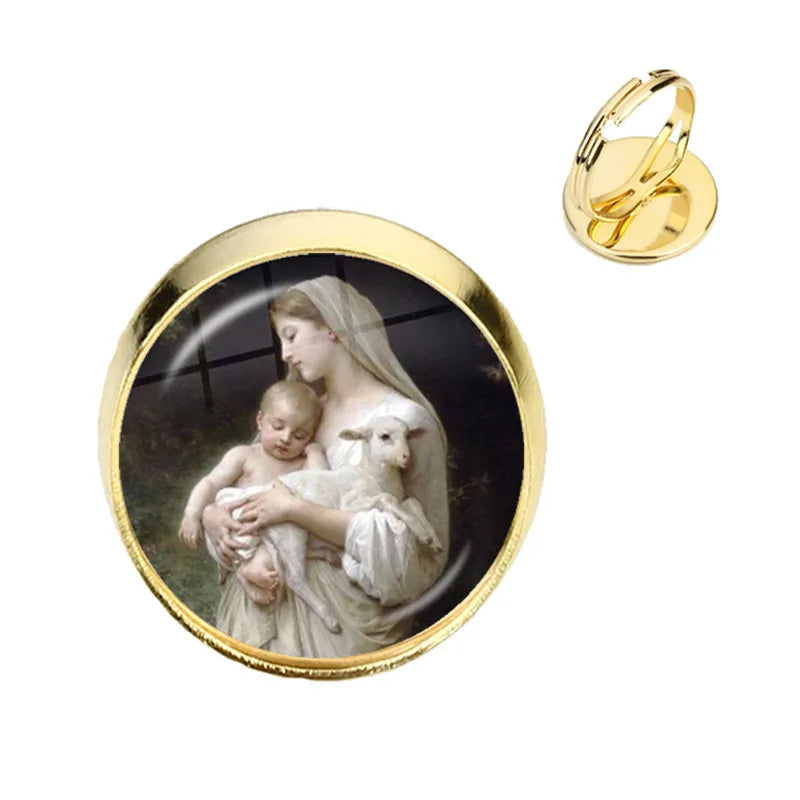 Anillo de la Virgen María, madre del bebé, Jesús, cúpula de cristal, Gema del tiempo, anillos ajustables para hombres y mujeres, joyería católica, regalo Cristiano