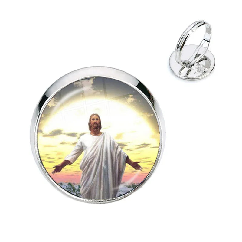 Anillo de la Virgen María, madre del bebé, Jesús, cúpula de cristal, Gema del tiempo, anillos ajustables para hombres y mujeres, joyería católica, regalo Cristiano