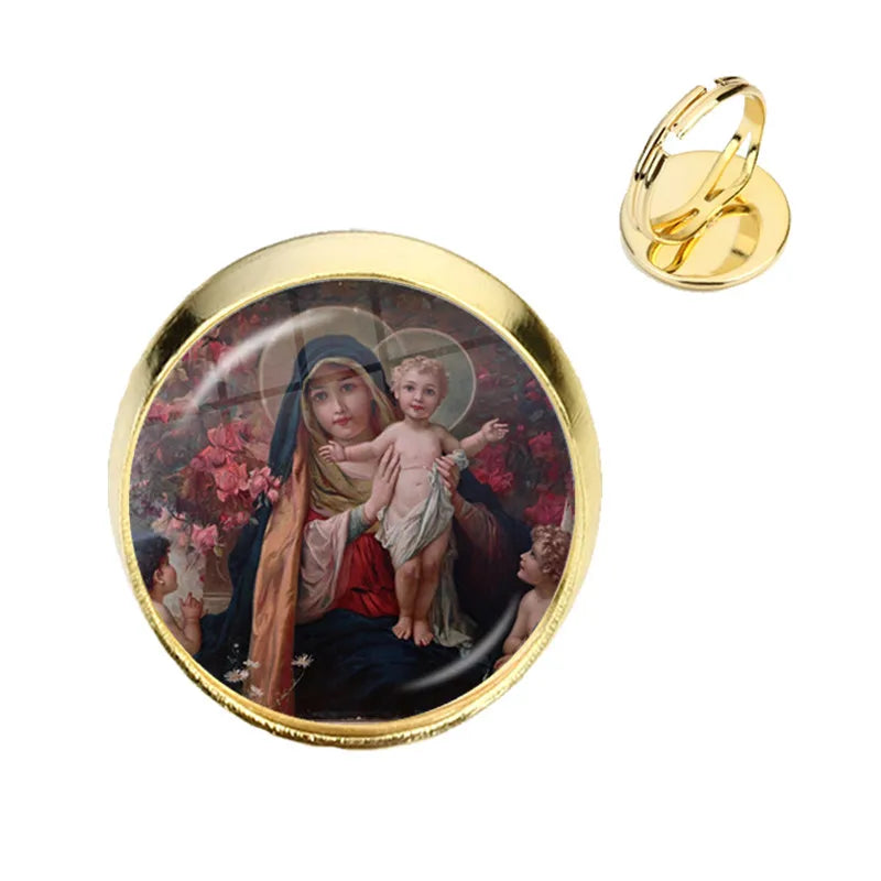 Anillo de la Virgen María, madre del bebé, Jesús, cúpula de cristal, Gema del tiempo, anillos ajustables para hombres y mujeres, joyería católica, regalo Cristiano