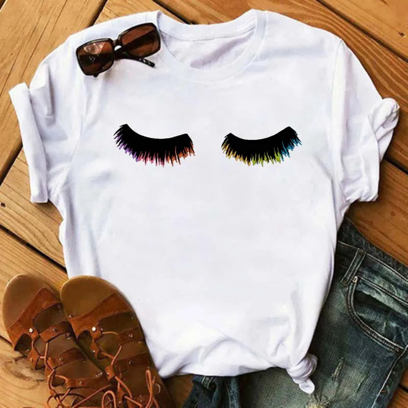 Maycaur moda gráfica mujeres Tops estampado de pestañas Kawaii pestañas mujeres camiseta divertida maquillaje estético camisa Camisas Mujer