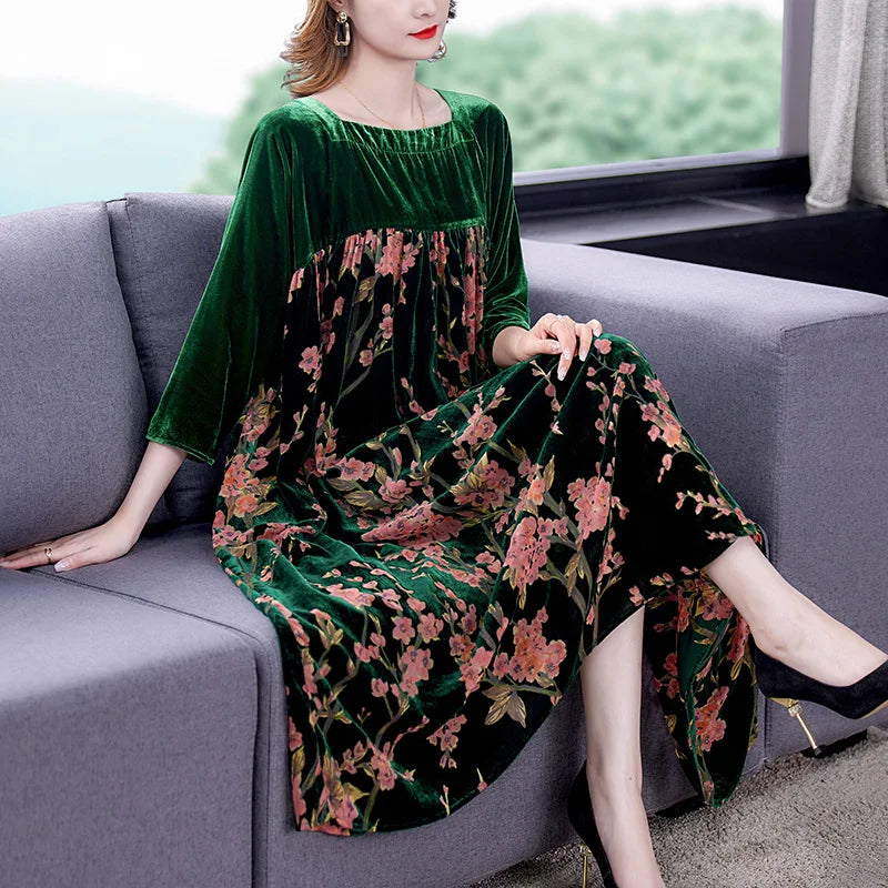 Vestido de terciopelo para mujer, novedad de 2021, Maxi bata holgada informal para mamá, Vestidos de fiesta de invierno con estampado de manga larga