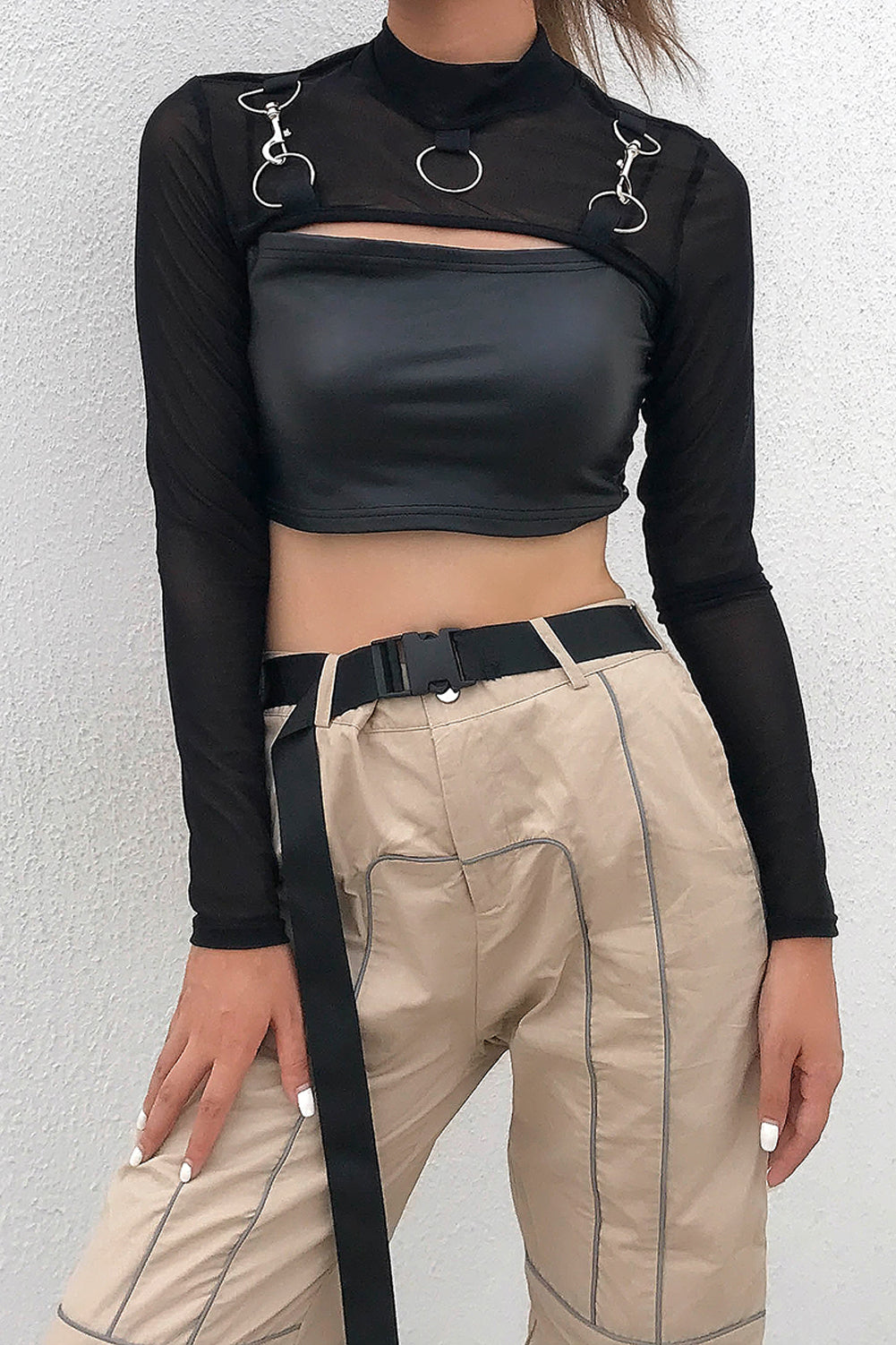 Camisetas transparentes de malla para mujer, Tops cortos de manga larga con cuello redondo, transparentes, Sexy, para fiesta y Club, color negro, Verano
