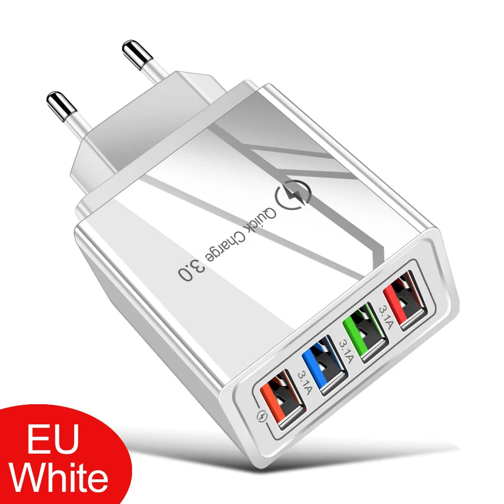 Cargador USB 3A, 4 puertos USB, carga rápida 3,0, enchufe UE EE. UU., cargador de teléfono móvil, adaptador de pared, carga rápida portátil para iPhone 16 Pro
