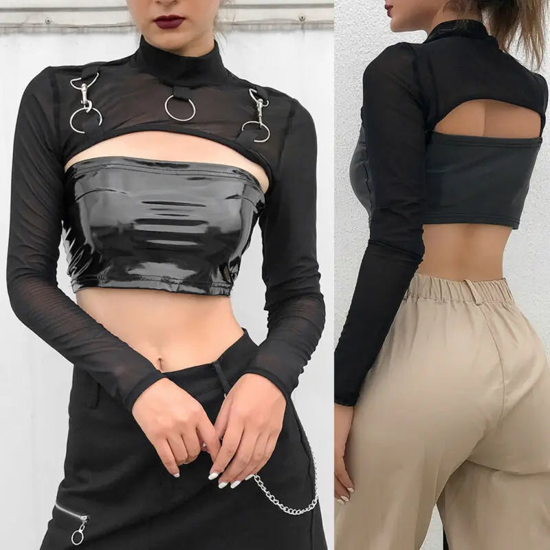 Camisetas transparentes de malla para mujer, Tops cortos de manga larga con cuello redondo, transparentes, Sexy, para fiesta y Club, color negro, Verano