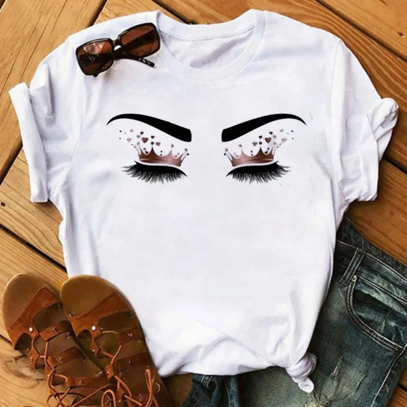 Maycaur moda gráfica mujeres Tops estampado de pestañas Kawaii pestañas mujeres camiseta divertida maquillaje estético camisa Camisas Mujer