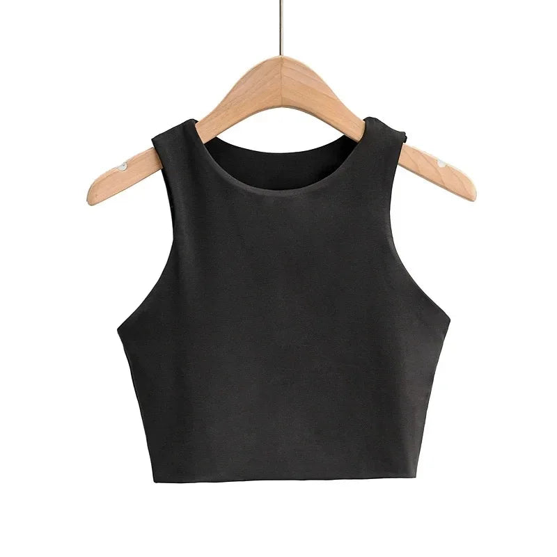 Camisetas ajustadas sexis para mujer, camisetas sin mangas con cuello redondo y doble nailon para mujer, camisetas sin mangas de buena calidad en 6 colores 2023