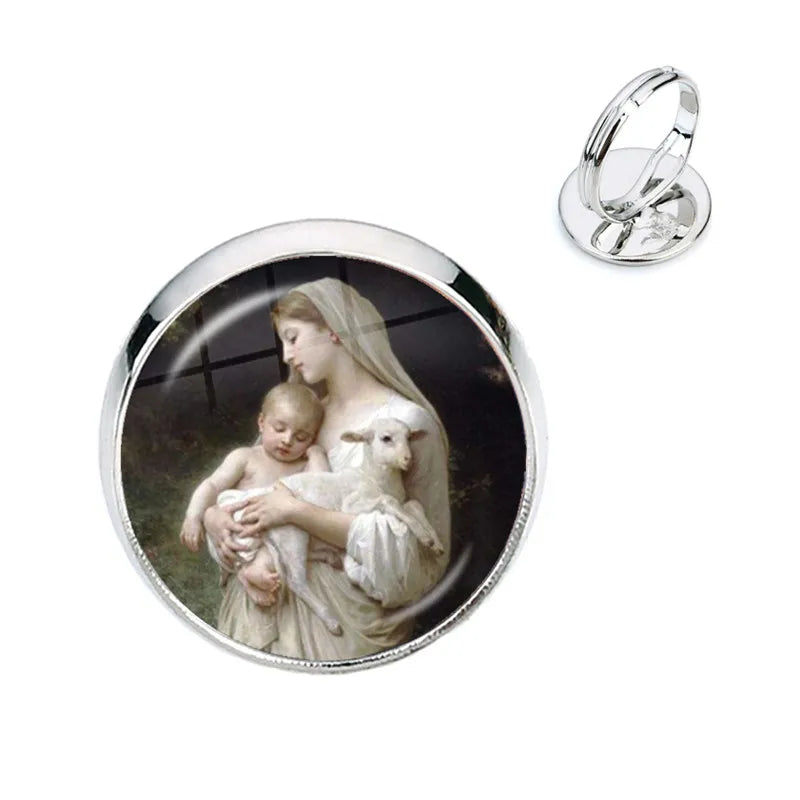 Anillo de la Virgen María, madre del bebé, Jesús, cúpula de cristal, Gema del tiempo, anillos ajustables para hombres y mujeres, joyería católica, regalo Cristiano