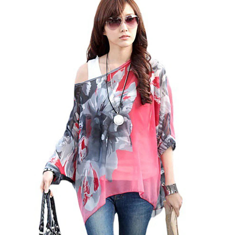 Novedad 2015 de mini vestidos casuales de gasa con estampado de flores para señoras, vestidos estilo bohemio con manga de murciélago en tallas grandes 4XL 5XL 6XL