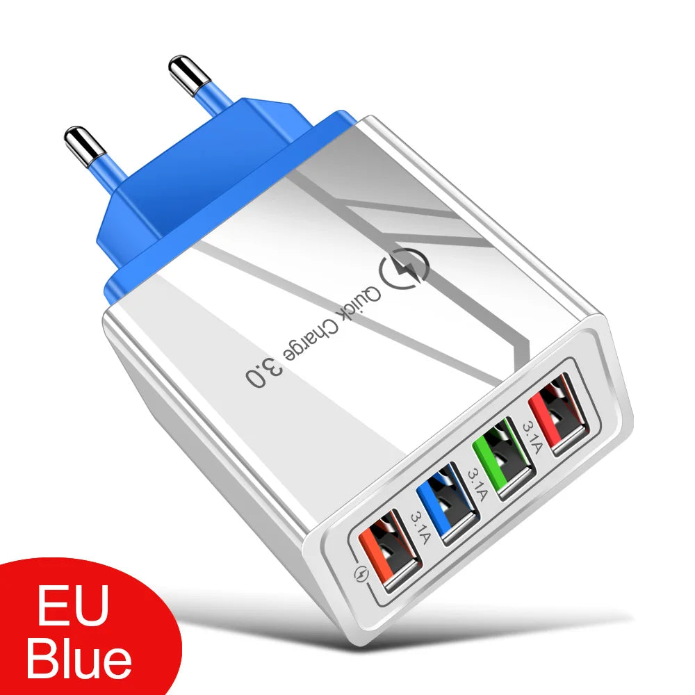 Cargador USB 3A, 4 puertos USB, carga rápida 3,0, enchufe UE EE. UU., cargador de teléfono móvil, adaptador de pared, carga rápida portátil para iPhone 16 Pro
