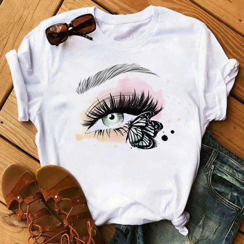 Maycaur moda gráfica mujeres Tops estampado de pestañas Kawaii pestañas mujeres camiseta divertida maquillaje estético camisa Camisas Mujer