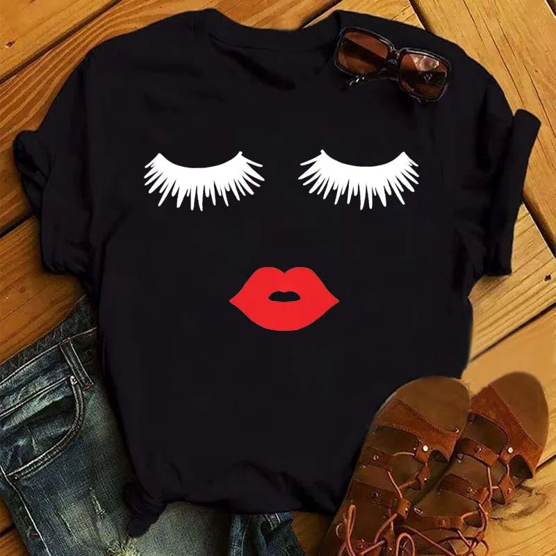 Maycaur moda gráfica mujeres Tops estampado de pestañas Kawaii pestañas mujeres camiseta divertida maquillaje estético camisa Camisas Mujer
