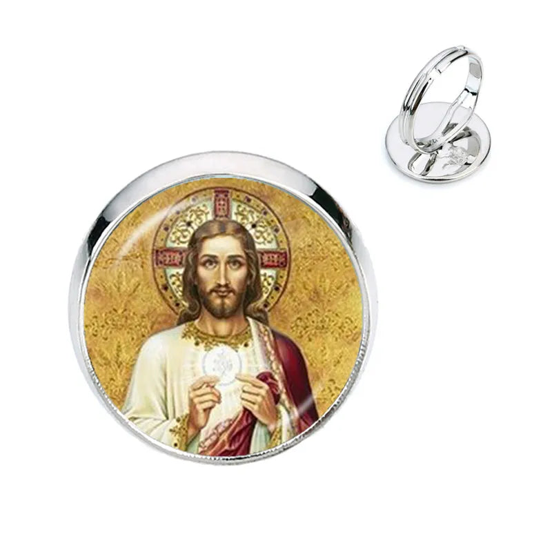 Anillo de la Virgen María, madre del bebé, Jesús, cúpula de cristal, Gema del tiempo, anillos ajustables para hombres y mujeres, joyería católica, regalo Cristiano