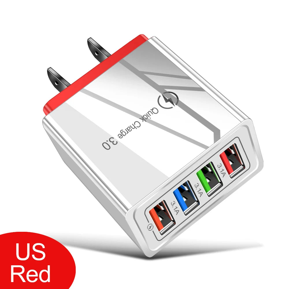 Cargador USB 3A, 4 puertos USB, carga rápida 3,0, enchufe UE EE. UU., cargador de teléfono móvil, adaptador de pared, carga rápida portátil para iPhone 16 Pro