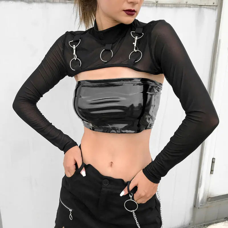 Camisetas transparentes de malla para mujer, Tops cortos de manga larga con cuello redondo, transparentes, Sexy, para fiesta y Club, color negro, Verano
