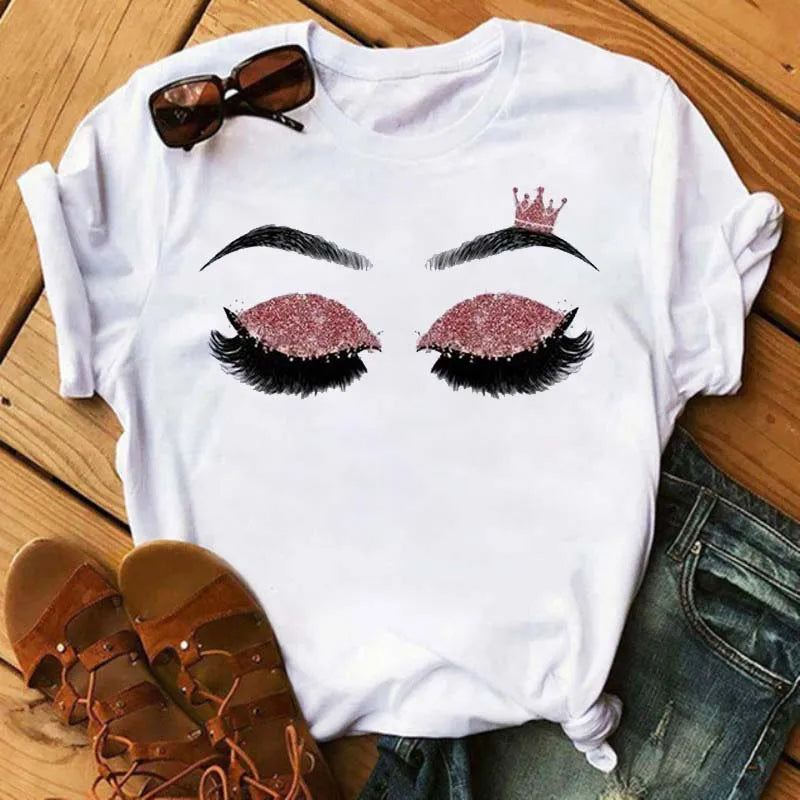 Maycaur moda gráfica mujeres Tops estampado de pestañas Kawaii pestañas mujeres camiseta divertida maquillaje estético camisa Camisas Mujer