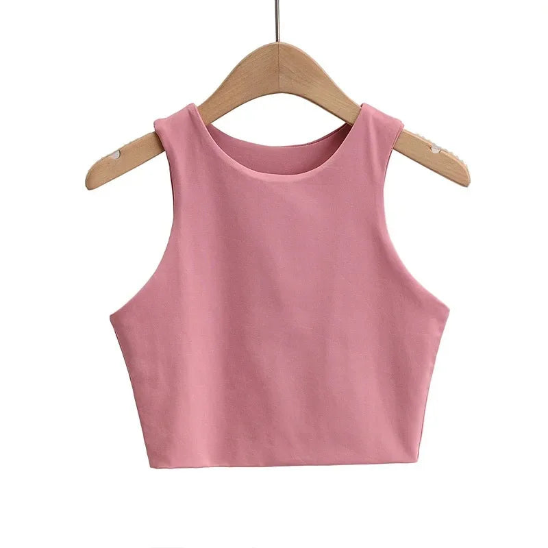 Camisetas ajustadas sexis para mujer, camisetas sin mangas con cuello redondo y doble nailon para mujer, camisetas sin mangas de buena calidad en 6 colores 2023
