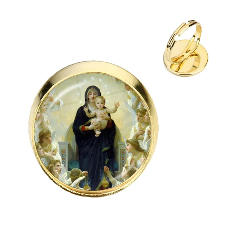 Anillo de la Virgen María, madre del bebé, Jesús, cúpula de cristal, Gema del tiempo, anillos ajustables para hombres y mujeres, joyería católica, regalo Cristiano