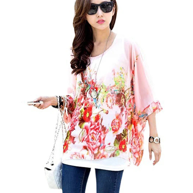 Novedad 2015 de mini vestidos casuales de gasa con estampado de flores para señoras, vestidos estilo bohemio con manga de murciélago en tallas grandes 4XL 5XL 6XL