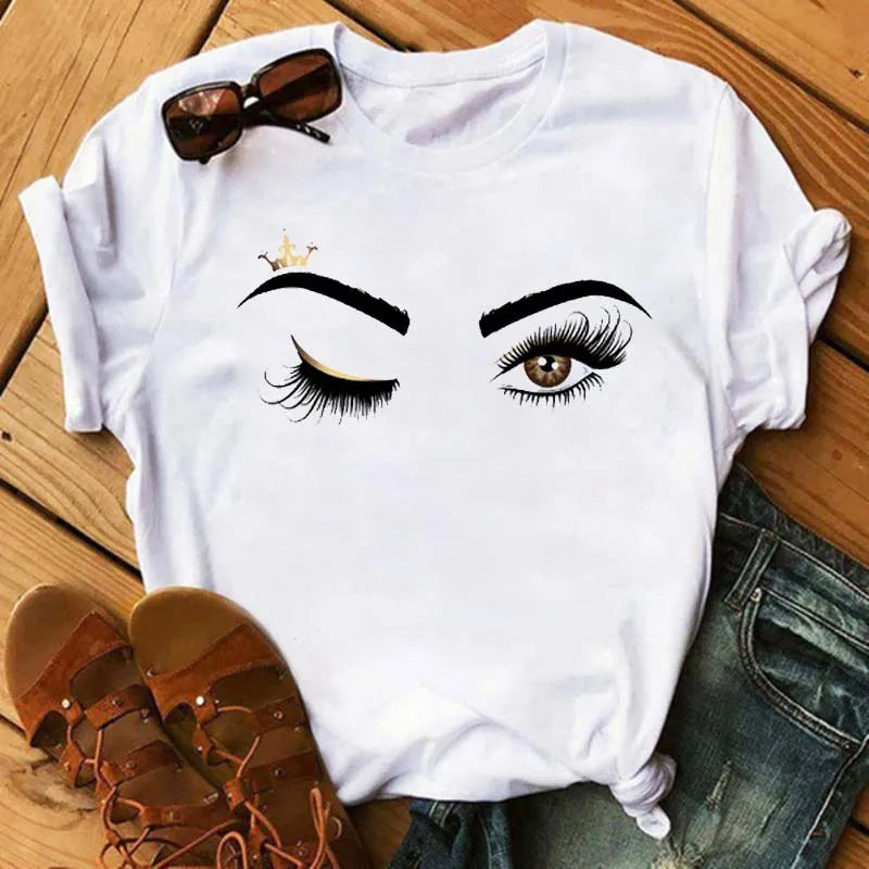 Maycaur moda gráfica mujeres Tops estampado de pestañas Kawaii pestañas mujeres camiseta divertida maquillaje estético camisa Camisas Mujer