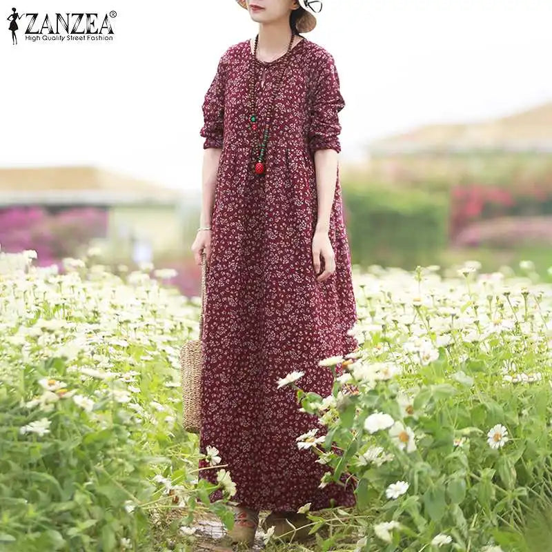 Vestido Floral Vintage mujer 2025 ZANZEA otoño Vestidos largos bohemios Casual manga larga Maxi Vestidos bata suelta Mujer de gran tamaño