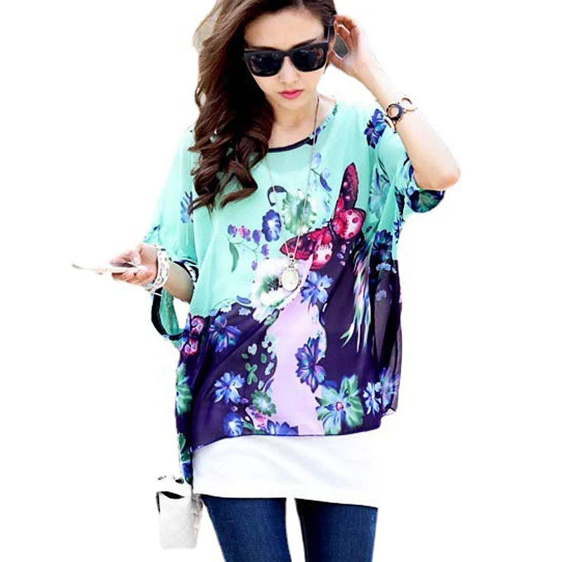 Novedad 2015 de mini vestidos casuales de gasa con estampado de flores para señoras, vestidos estilo bohemio con manga de murciélago en tallas grandes 4XL 5XL 6XL