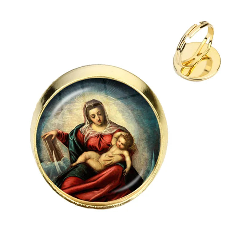 Anillo de la Virgen María, madre del bebé, Jesús, cúpula de cristal, Gema del tiempo, anillos ajustables para hombres y mujeres, joyería católica, regalo Cristiano