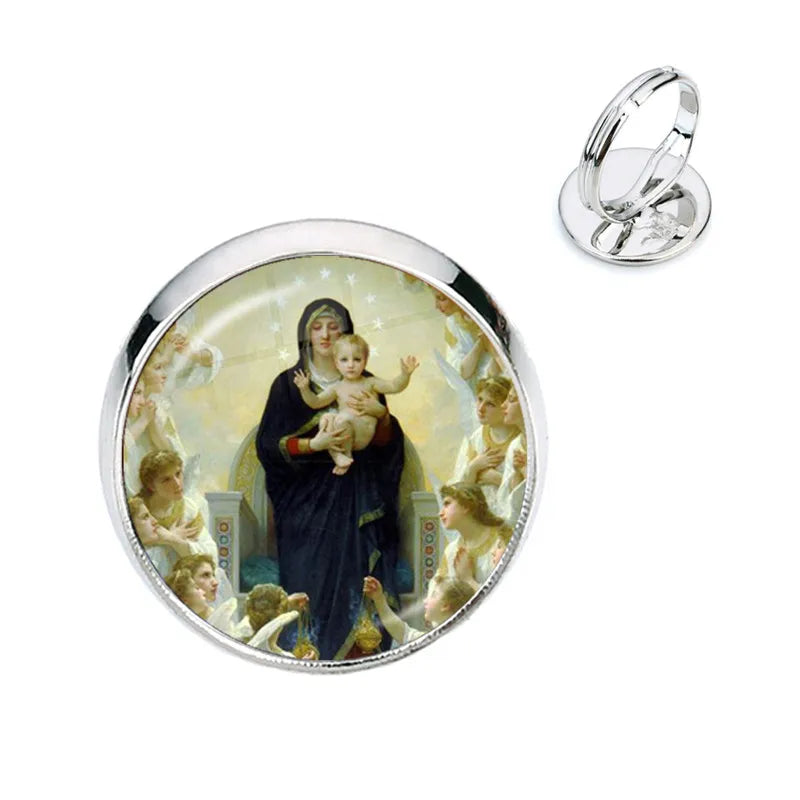 Anillo de la Virgen María, madre del bebé, Jesús, cúpula de cristal, Gema del tiempo, anillos ajustables para hombres y mujeres, joyería católica, regalo Cristiano