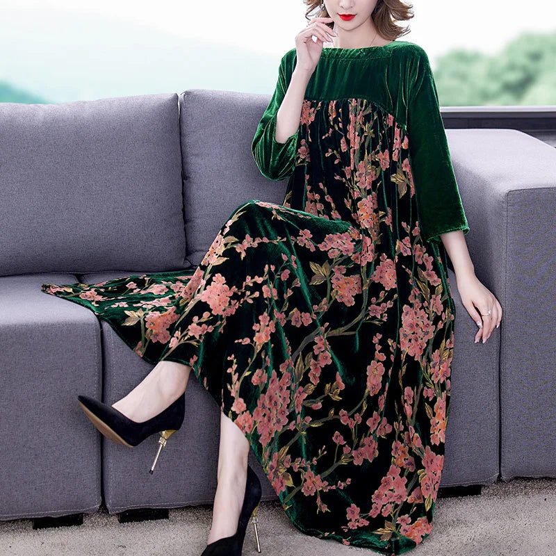 Vestido de terciopelo para mujer, novedad de 2021, Maxi bata holgada informal para mamá, Vestidos de fiesta de invierno con estampado de manga larga