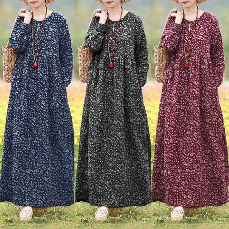 Vestido Floral Vintage mujer 2025 ZANZEA otoño Vestidos largos bohemios Casual manga larga Maxi Vestidos bata suelta Mujer de gran tamaño