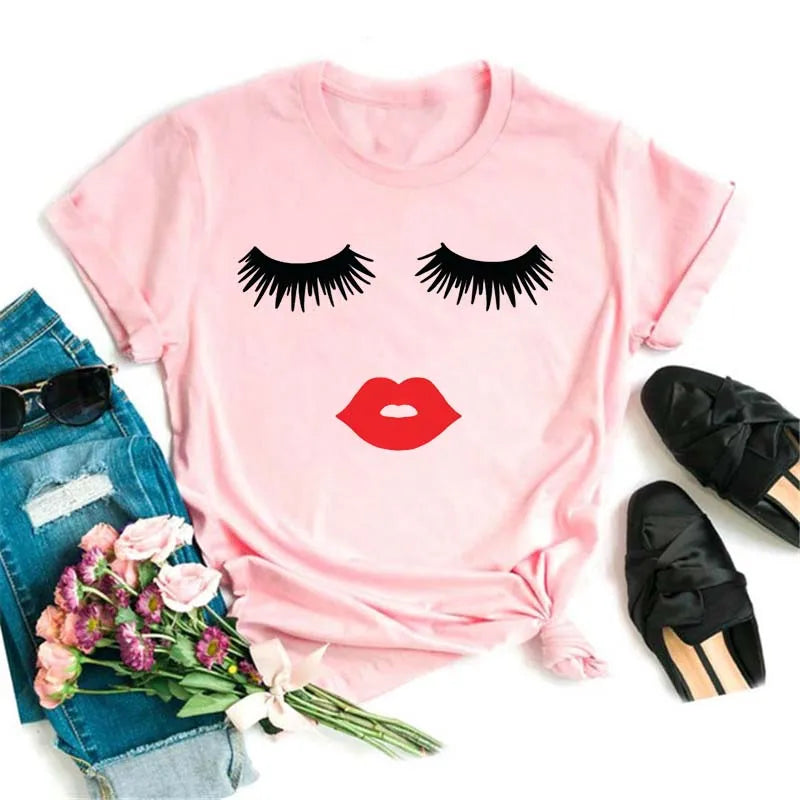 Maycaur moda gráfica mujeres Tops estampado de pestañas Kawaii pestañas mujeres camiseta divertida maquillaje estético camisa Camisas Mujer