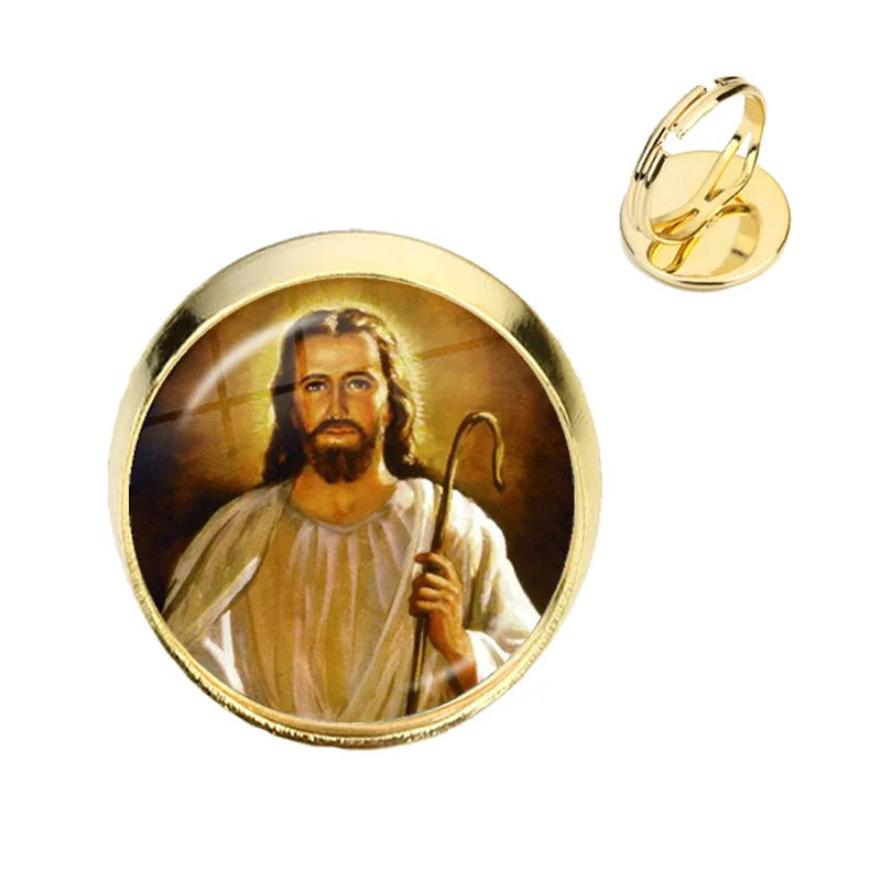 Anillo de la Virgen María, madre del bebé, Jesús, cúpula de cristal, Gema del tiempo, anillos ajustables para hombres y mujeres, joyería católica, regalo Cristiano