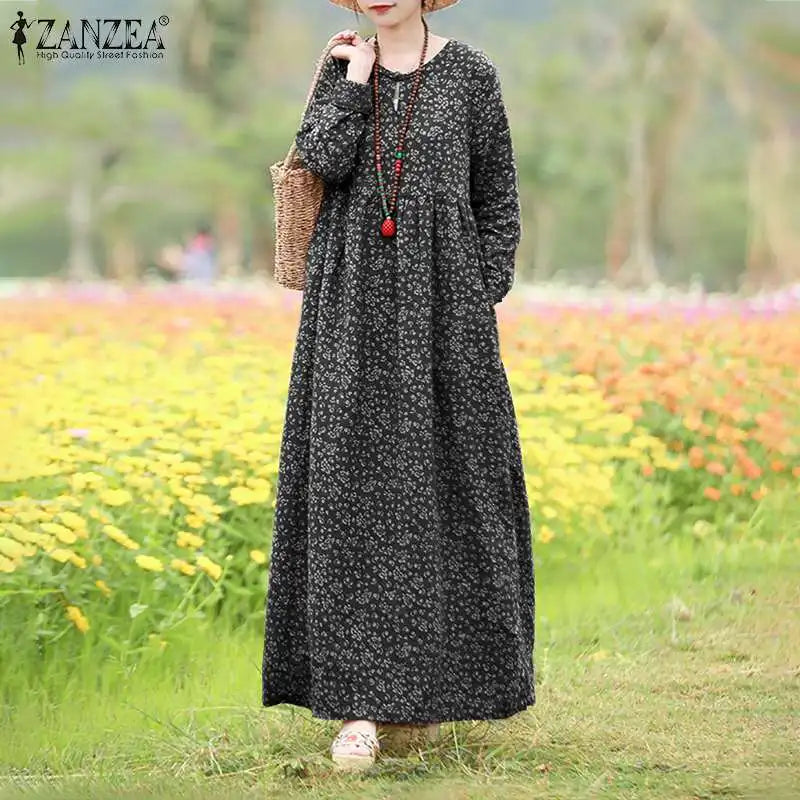 Vestido Floral Vintage mujer 2025 ZANZEA otoño Vestidos largos bohemios Casual manga larga Maxi Vestidos bata suelta Mujer de gran tamaño