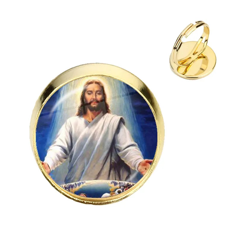 Anillo de la Virgen María, madre del bebé, Jesús, cúpula de cristal, Gema del tiempo, anillos ajustables para hombres y mujeres, joyería católica, regalo Cristiano