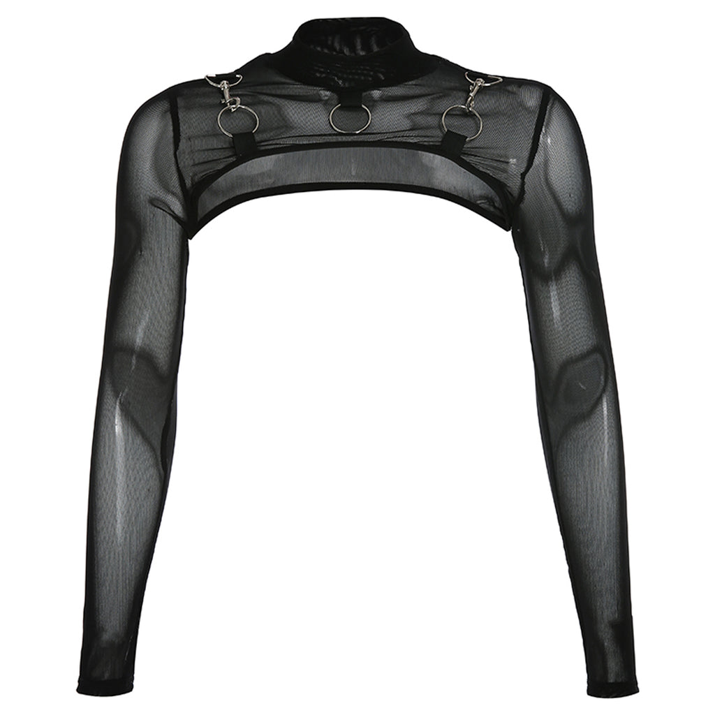 Camisetas transparentes de malla para mujer, Tops cortos de manga larga con cuello redondo, transparentes, Sexy, para fiesta y Club, color negro, Verano