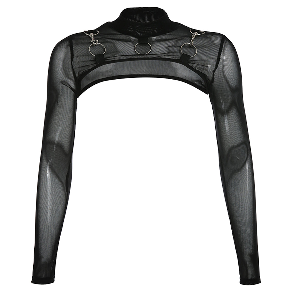 Camisetas transparentes de malla para mujer, Tops cortos de manga larga con cuello redondo, transparentes, Sexy, para fiesta y Club, color negro, Verano