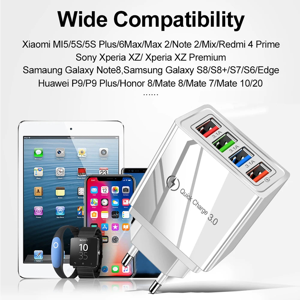 Cargador USB 3A, 4 puertos USB, carga rápida 3,0, enchufe UE EE. UU., cargador de teléfono móvil, adaptador de pared, carga rápida portátil para iPhone 16 Pro