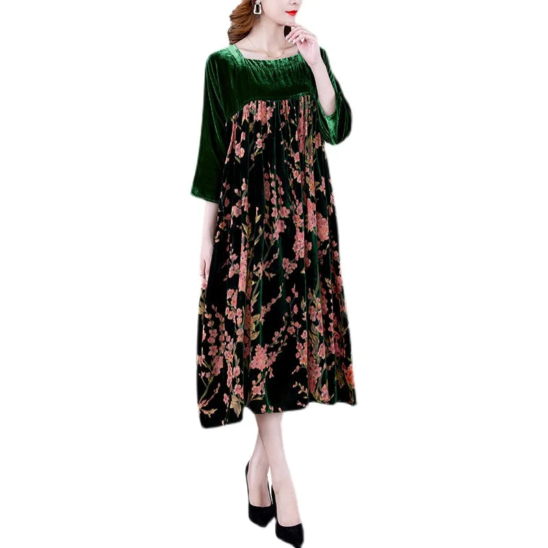 Vestido de terciopelo para mujer, novedad de 2021, Maxi bata holgada informal para mamá, Vestidos de fiesta de invierno con estampado de manga larga