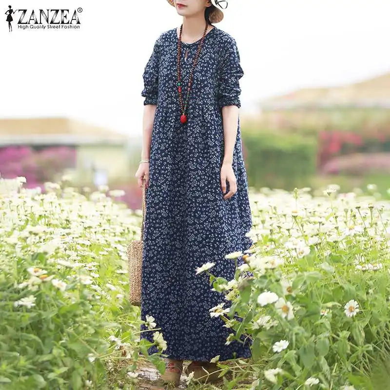 Vestido Floral Vintage mujer 2025 ZANZEA otoño Vestidos largos bohemios Casual manga larga Maxi Vestidos bata suelta Mujer de gran tamaño