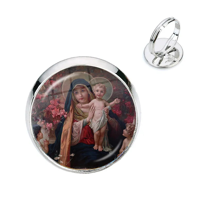 Anillo de la Virgen María, madre del bebé, Jesús, cúpula de cristal, Gema del tiempo, anillos ajustables para hombres y mujeres, joyería católica, regalo Cristiano